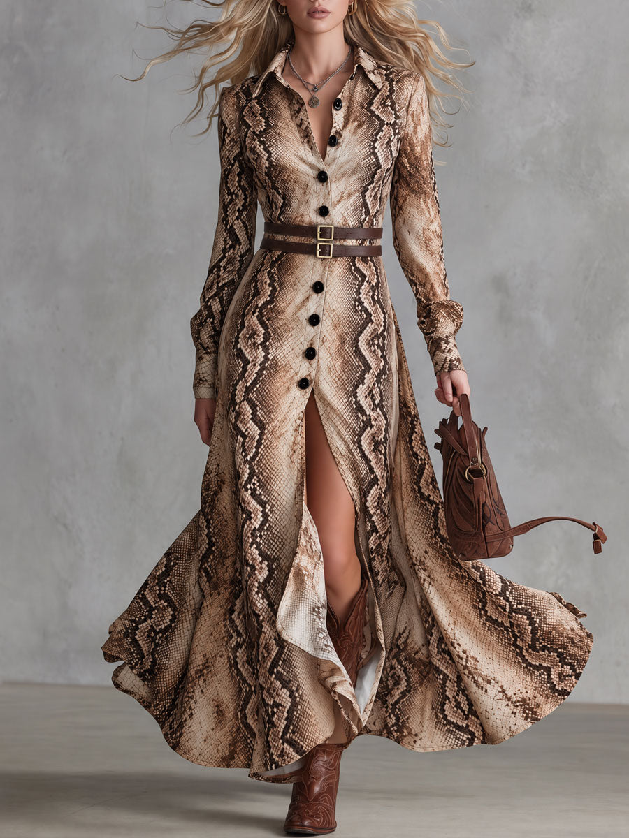Esther | Vintage-Maxikleid mit braunem Reptilienmuster, Doppelträgern und Schlitz