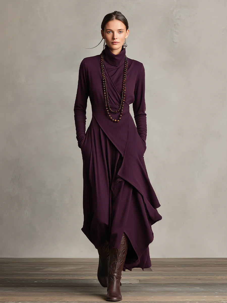 Bohemian Cotton Stretch Turtleneck Asymmetrisch Drapiertes Maxikleid