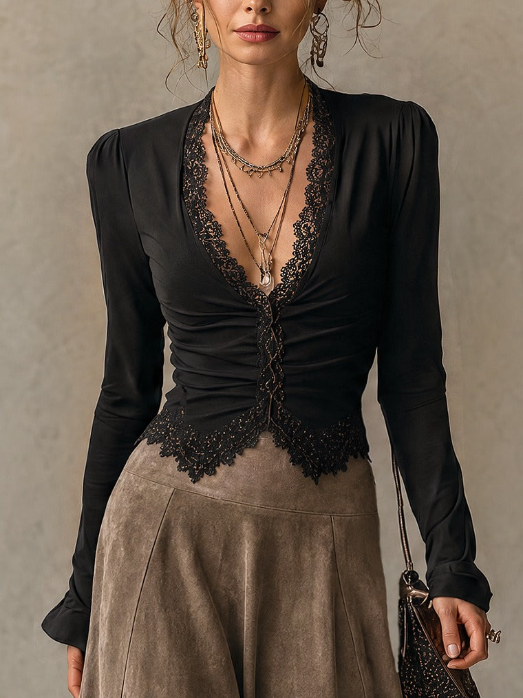 Albane | Set aus Spitzentop und Maxirock aus Wildlederimitat in Schwarz und Taupe
