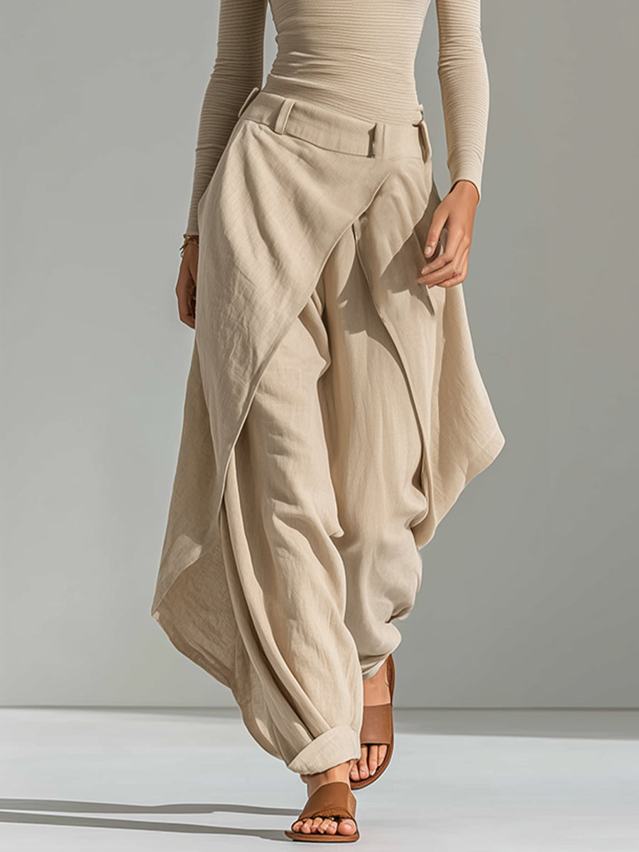 Juliette | Beiges Oberteil mit U-Boot-Ausschnitt & weit geschnittene Hose im Lagenlook