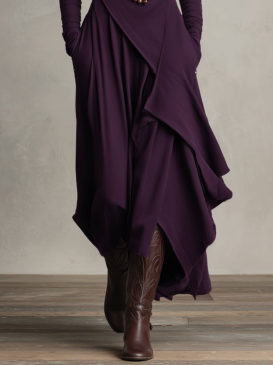 Bohemian Cotton Stretch Turtleneck Asymmetrisch Drapiertes Maxikleid