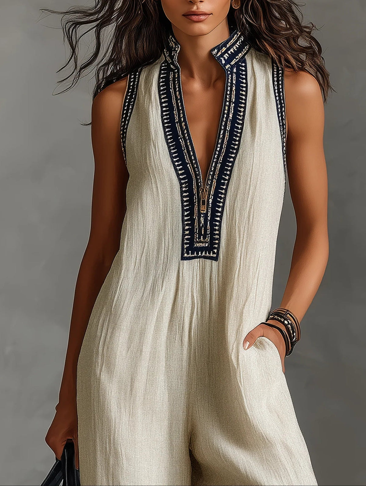 Fiamma - Ärmelloser Jumpsuit mit minimalistischem Stehkragen und Reißverschluss
