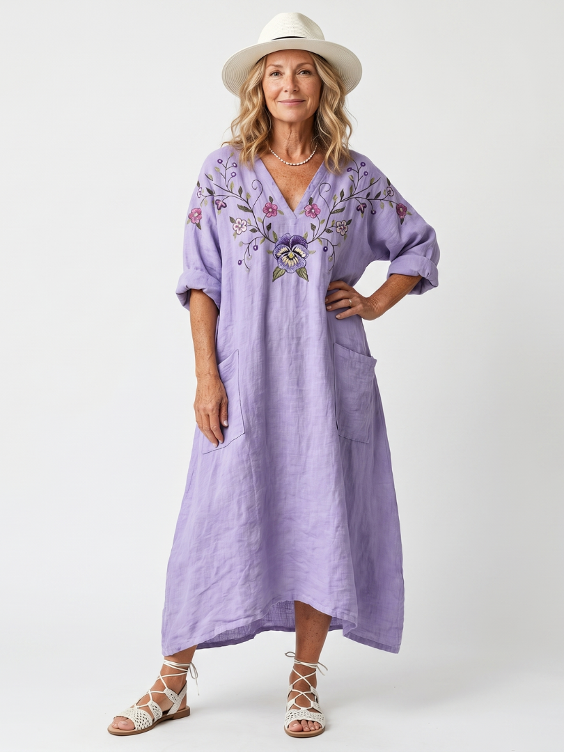 Tavi | Midi-Kleid mit übergroßer Tasche und Blumenstickerei