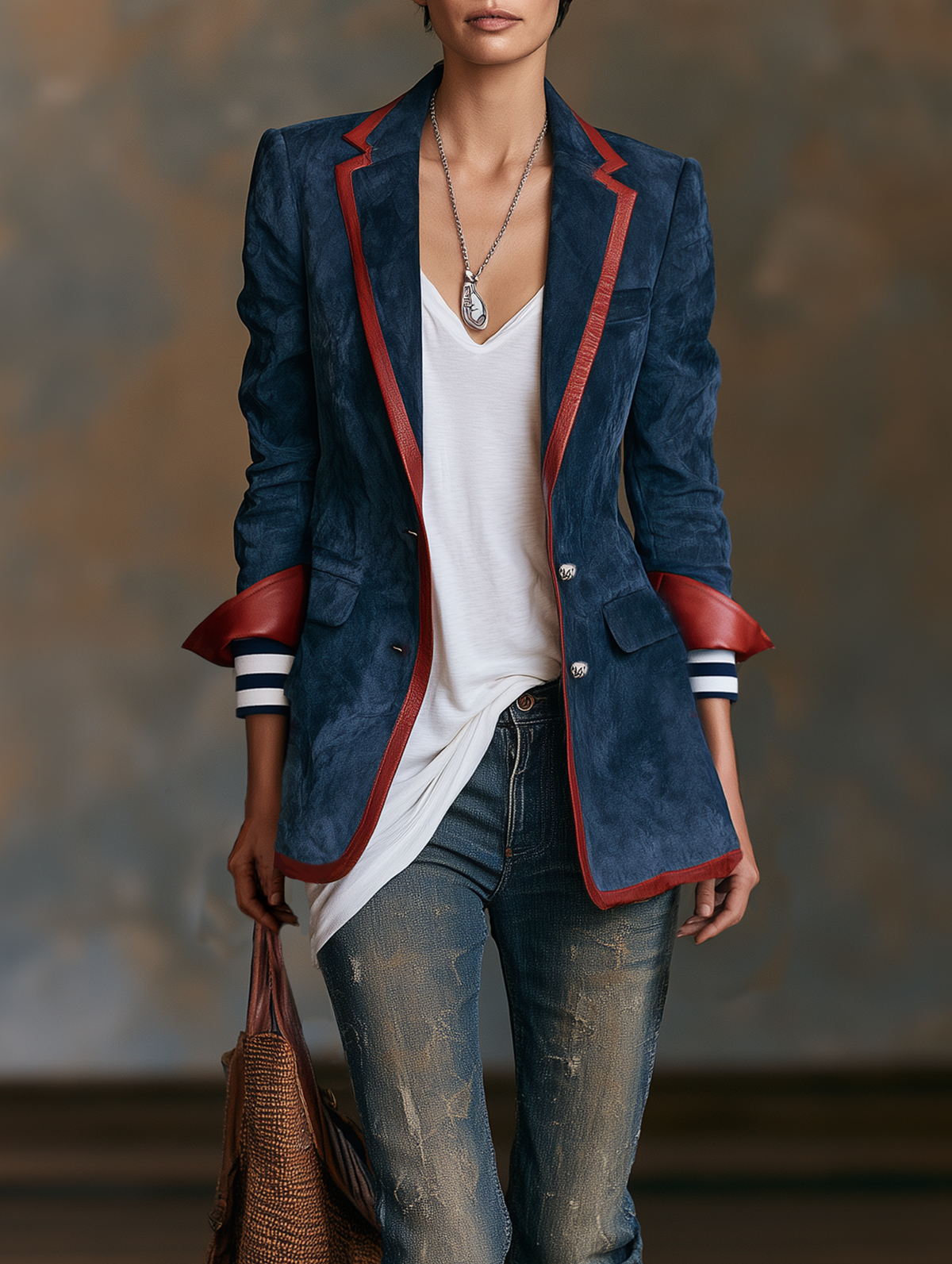 Ginevra | Vintage-Blazer aus Velourslederimitat mit Kontrastbesatz