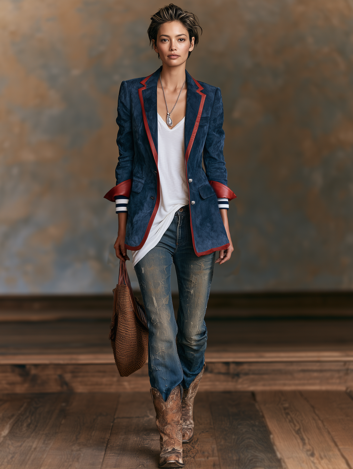Ginevra | Vintage-Blazer aus Velourslederimitat mit Kontrastbesatz