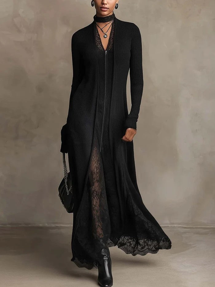 Solenne | Schwarzes Maxikleid aus Rippstrick mit Spitze