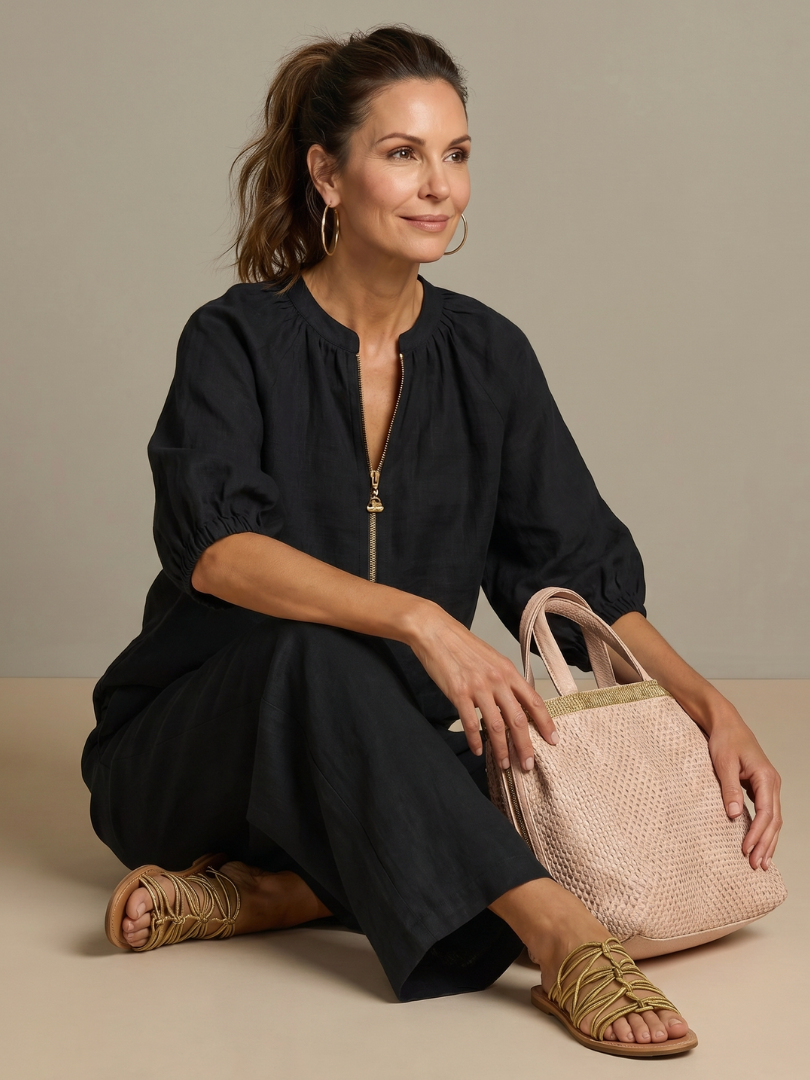 Natalia | Blouson-Top mit Reissverschluss und Hose mit weitem Bein