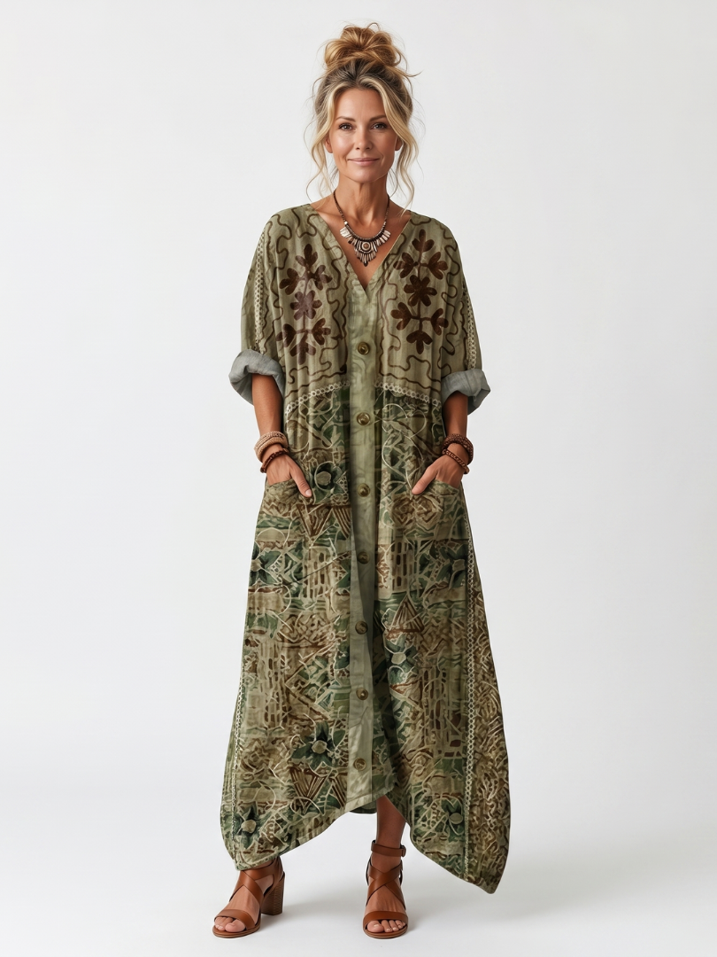 Aleta | Midi-Kleid mit Knopfleiste, Stickerei und übergroßer Tasche