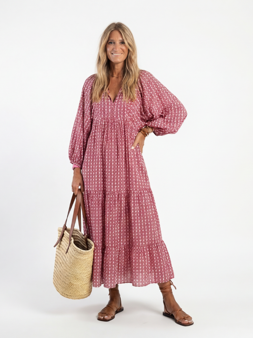 Arlette | Midi-Kleid mit langen Ärmeln und geometrischem Muster