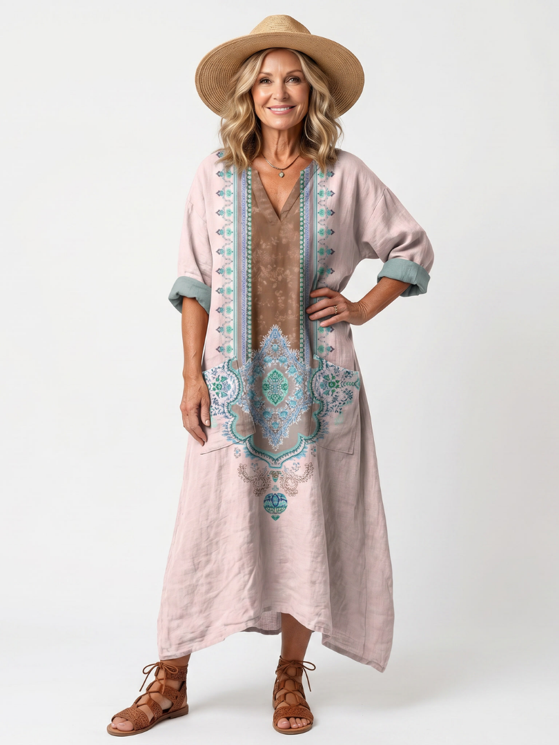 Kenza | Midi-Kleid mit besticktem Einsatz und lockeren Taschen