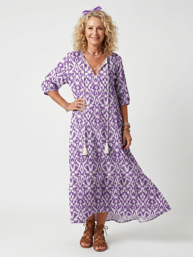 Penelope | Midi-Kleid mit bedrucktem Kragen und Quasten