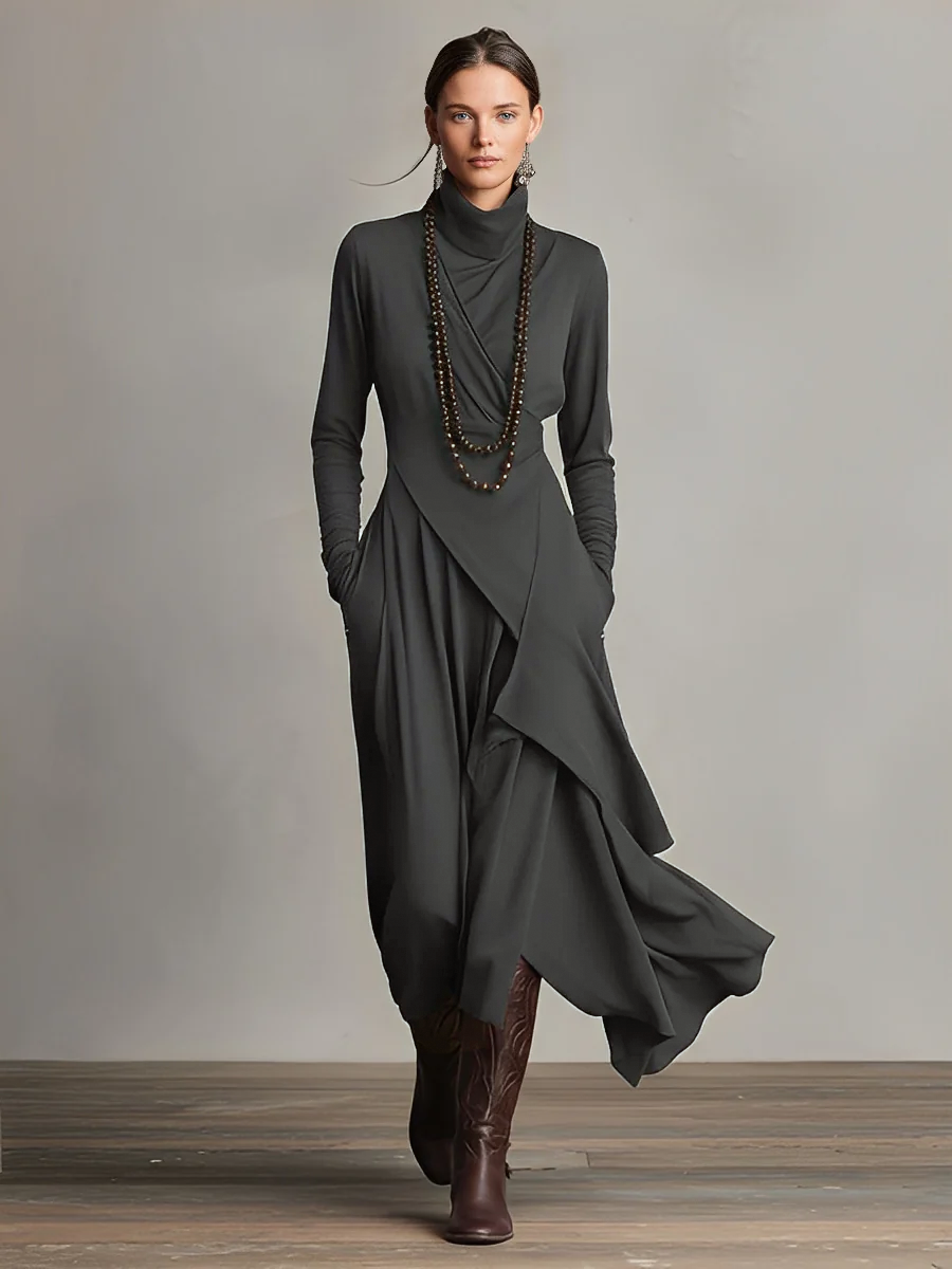 Bohemian Cotton Stretch Turtleneck Asymmetrisch Drapiertes Maxikleid
