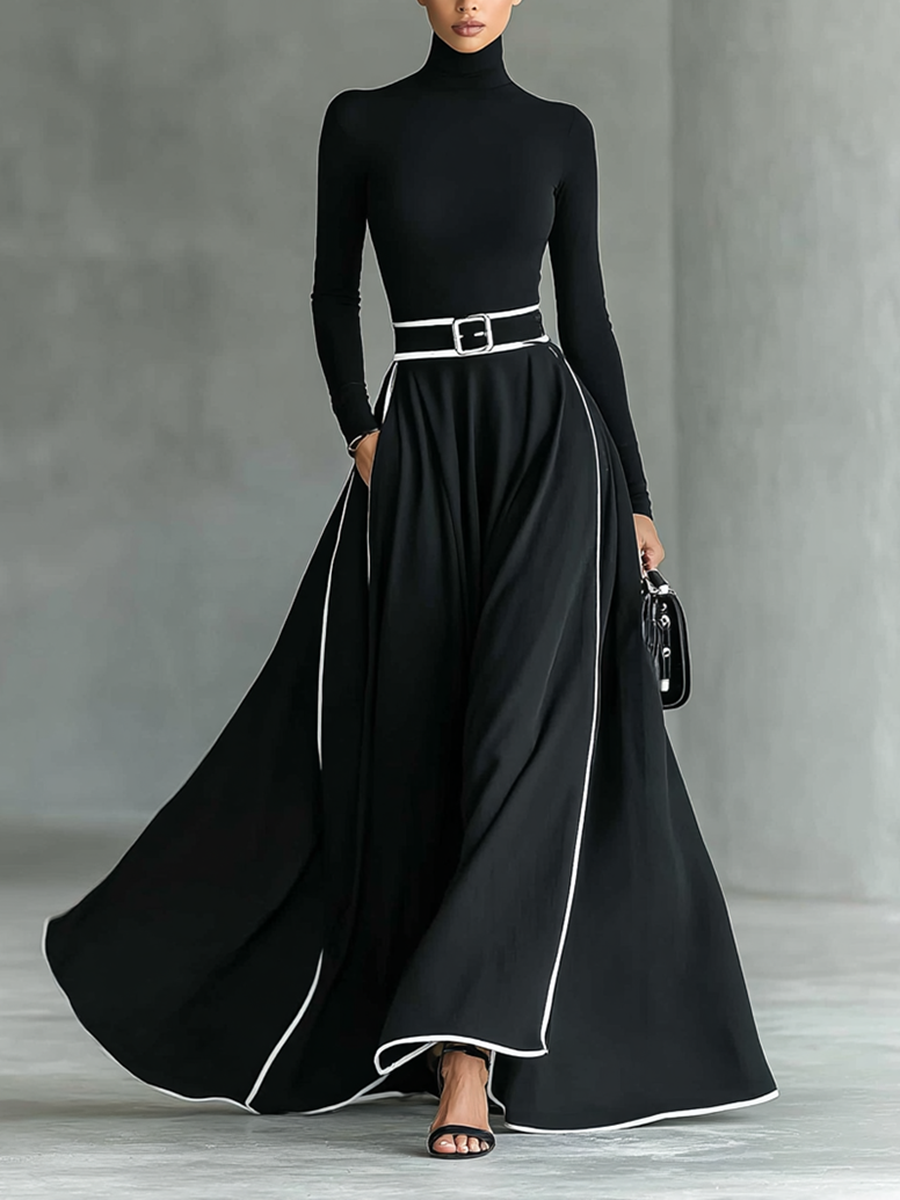 Schwarzes Damen-Maxikleid mit weißen Nähten, Stehkragen, langen Ärmeln und taillierter Passform