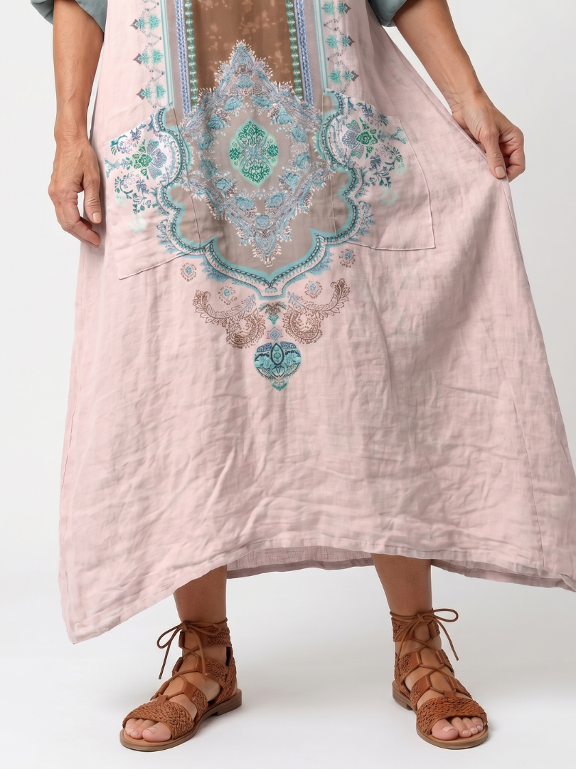 Kenza | Midi-Kleid mit besticktem Einsatz und lockeren Taschen