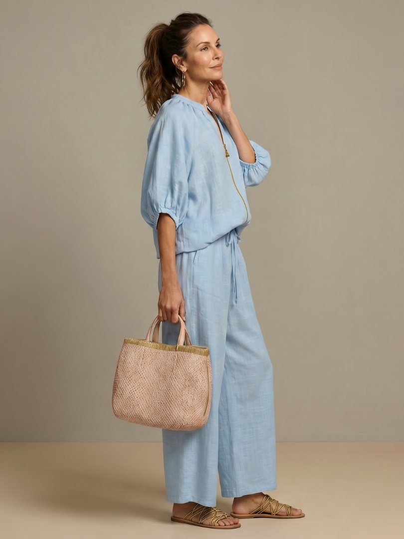 Natalia | Blouson-Top mit Reissverschluss und Hose mit weitem Bein