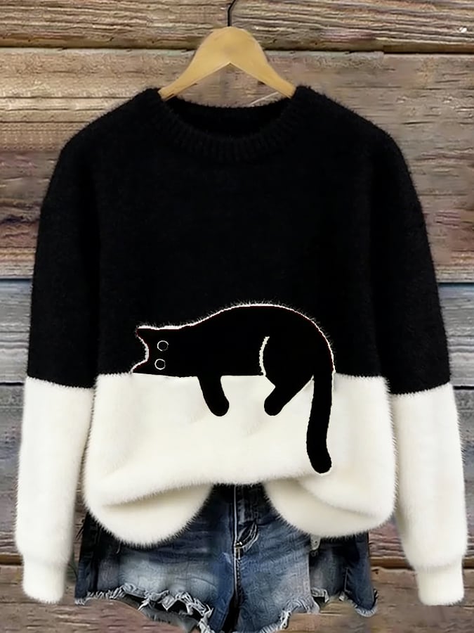 Émeline | Eleganter Oversize-Pullover mit Katzenprint
