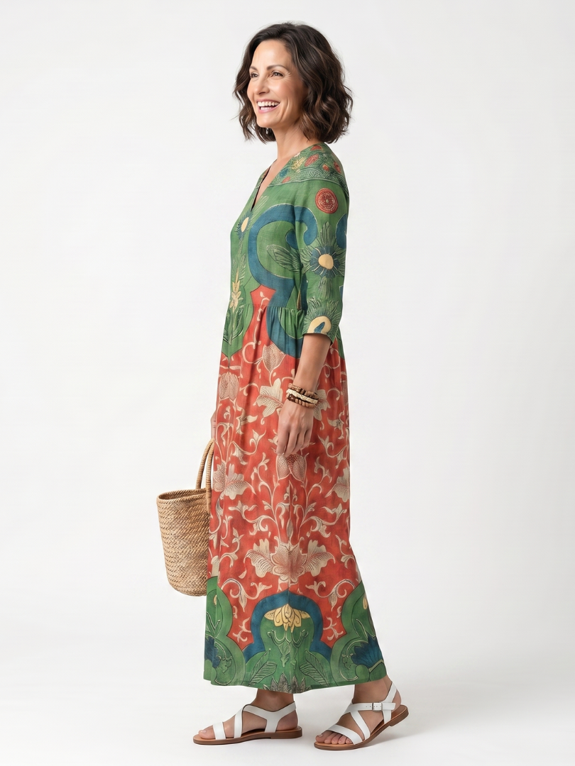 Sloane | Midi-Kleid mit V-Ausschnitt, Taschen und gemischtem Print