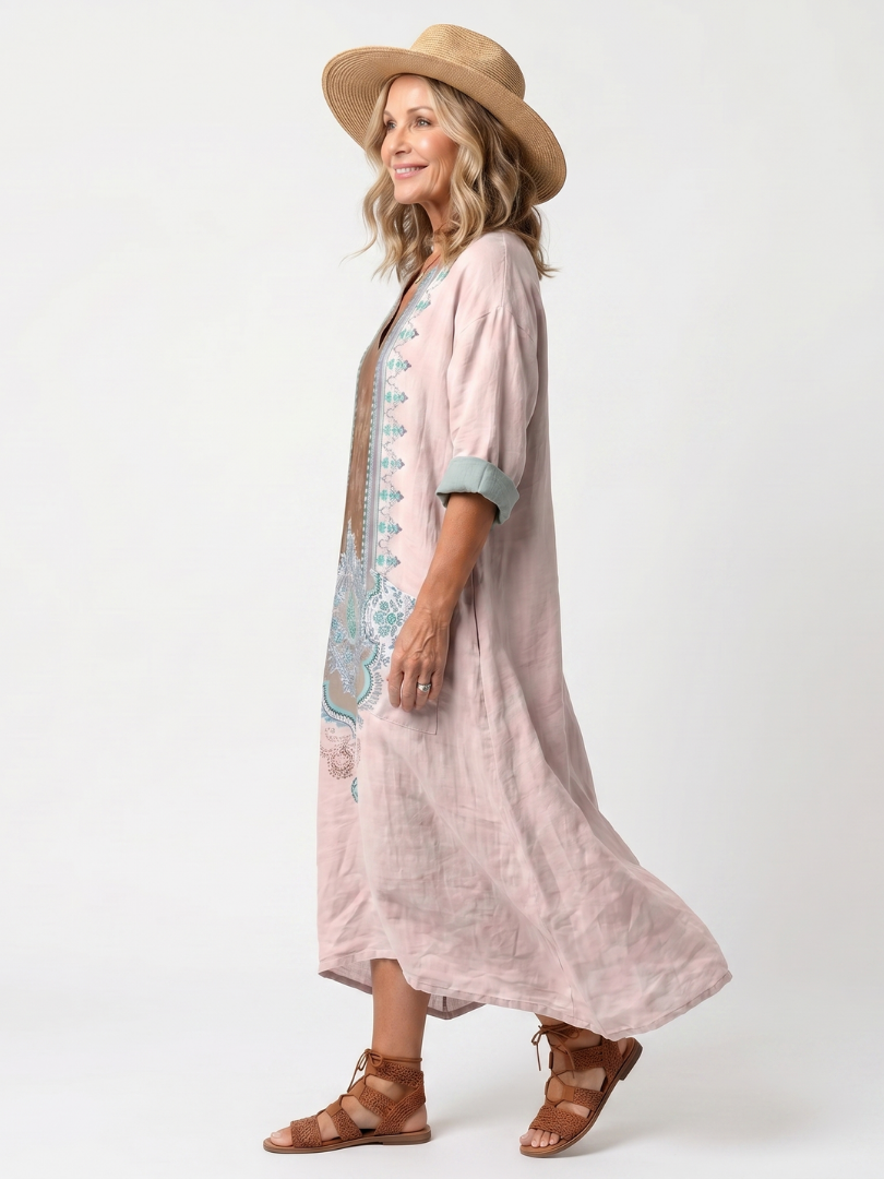 Kenza | Midi-Kleid mit besticktem Einsatz und lockeren Taschen
