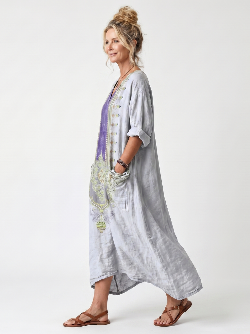 Raina | Midi-Kleid mit kontrastierenden Einsätzen, Stickereien und übergroßer Tasche