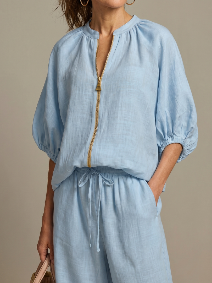 Natalia | Blouson-Top mit Reissverschluss und Hose mit weitem Bein
