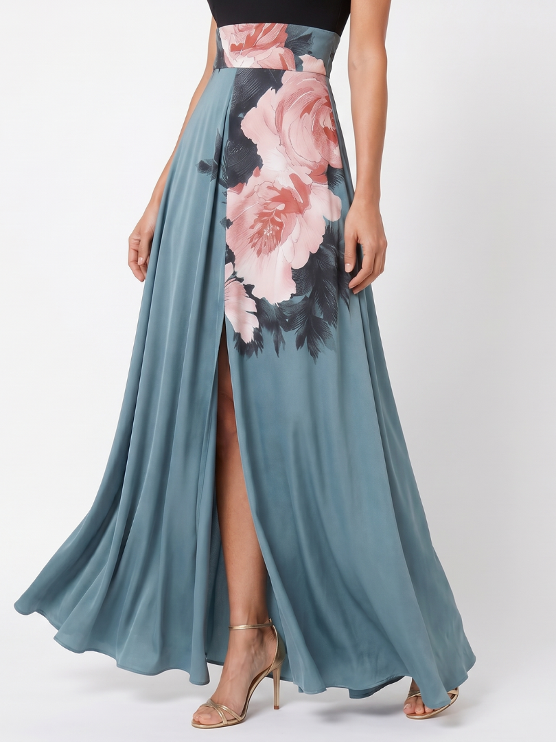 Olympas | Maxikleid mit trägerlosem Oberteil und geblümtem Rock