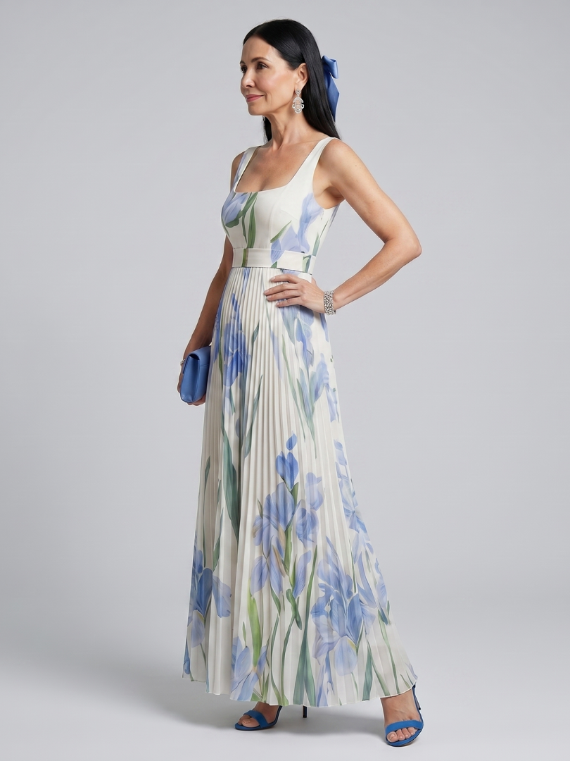 Ophelia | Ärmelloses Midikleid mit Blumenmuster und eckigem Ausschnitt