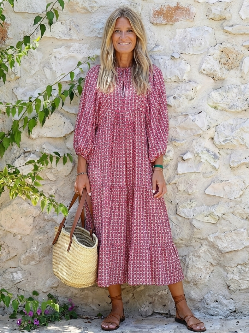 Arlette | Midi-Kleid mit langen Ärmeln und geometrischem Muster