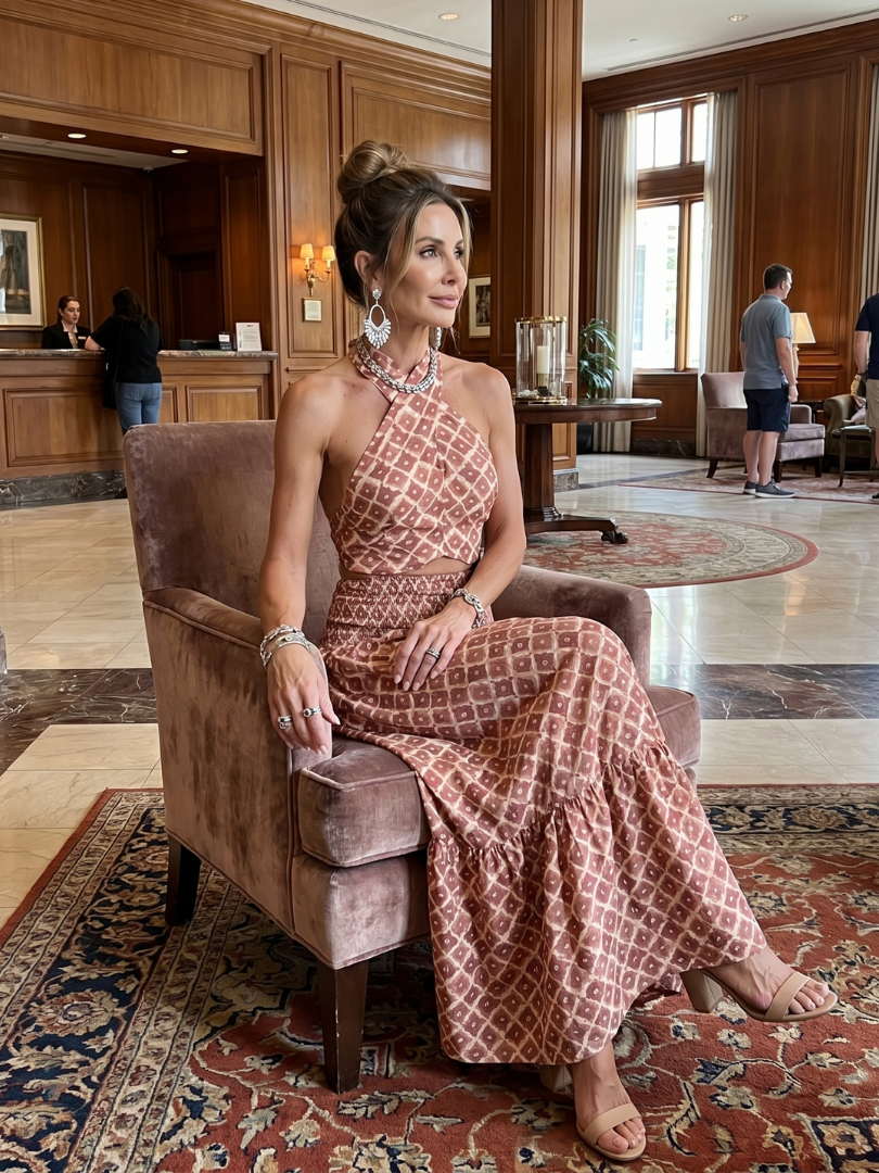Amira | Midikleid mit geometrischem Print und gekreuzten Trägern