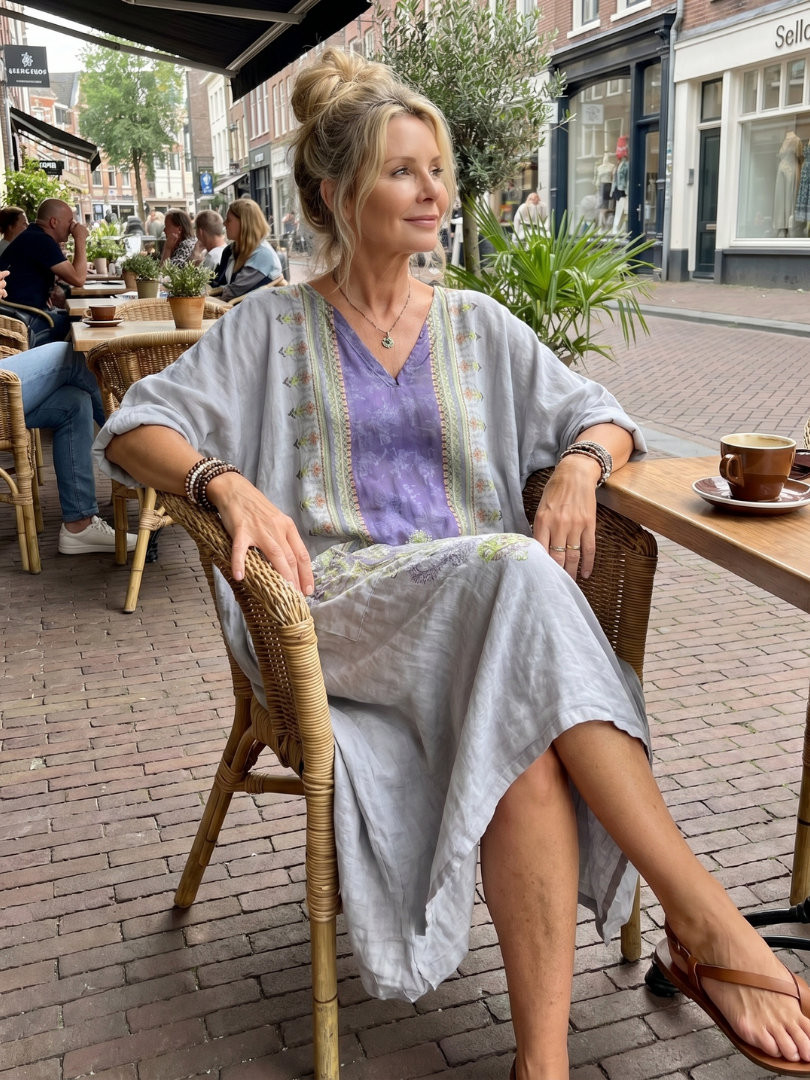 Raina | Midi-Kleid mit kontrastierenden Einsätzen, Stickereien und übergroßer Tasche