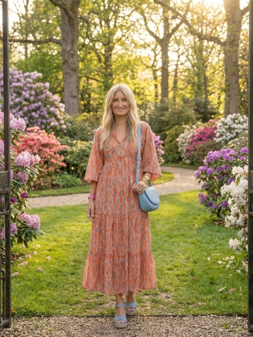 Amara | Midi-Kleid mit V-Ausschnitt, gestuftem Schnitt und geometrischem Muster