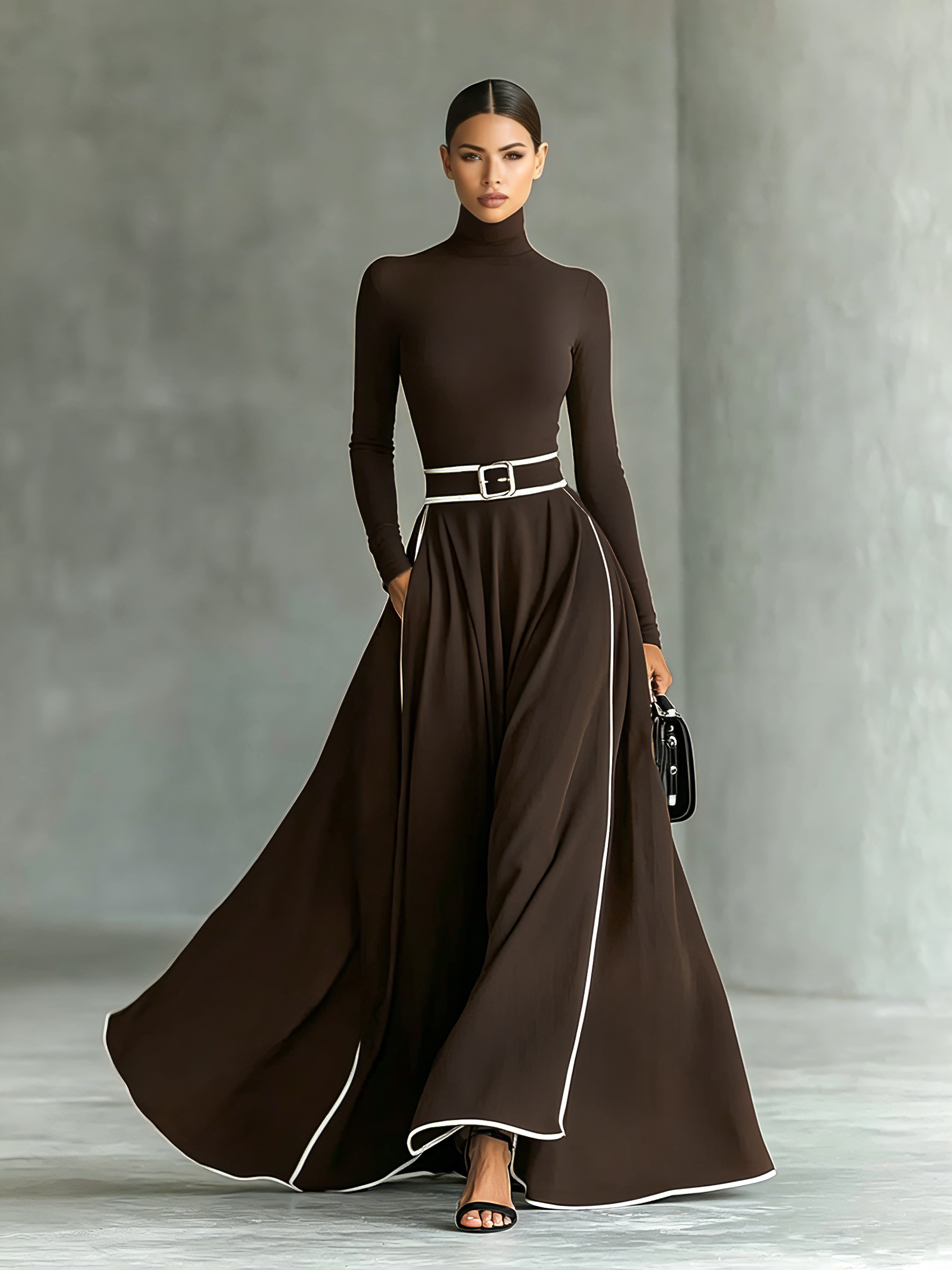 Schwarzes Damen-Maxikleid mit weißen Nähten, Stehkragen, langen Ärmeln und taillierter Passform