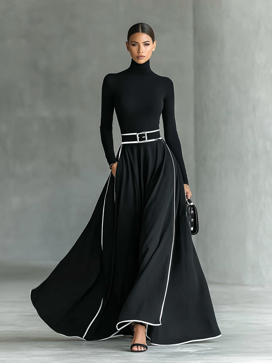Schwarzes Damen-Maxikleid mit weißen Nähten, Stehkragen, langen Ärmeln und taillierter Passform