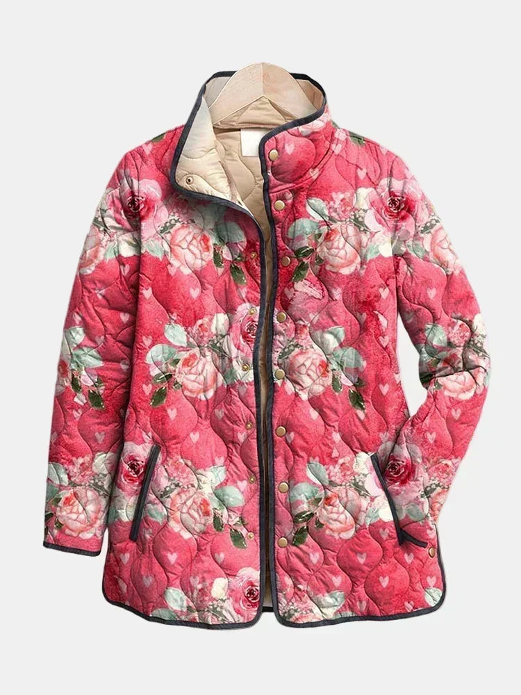 Freya | Charmante rosafarbene Steppjacke mit Blumenmuster