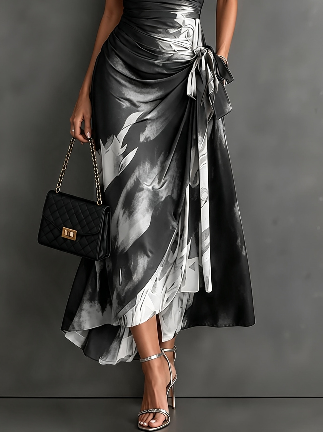 Midi-Wickelkleid mit abstraktem rot-schwarzem Print, V-Ausschnitt, kurzen Ärmeln, Bindegürtel und asymmetrischem Volantsaum