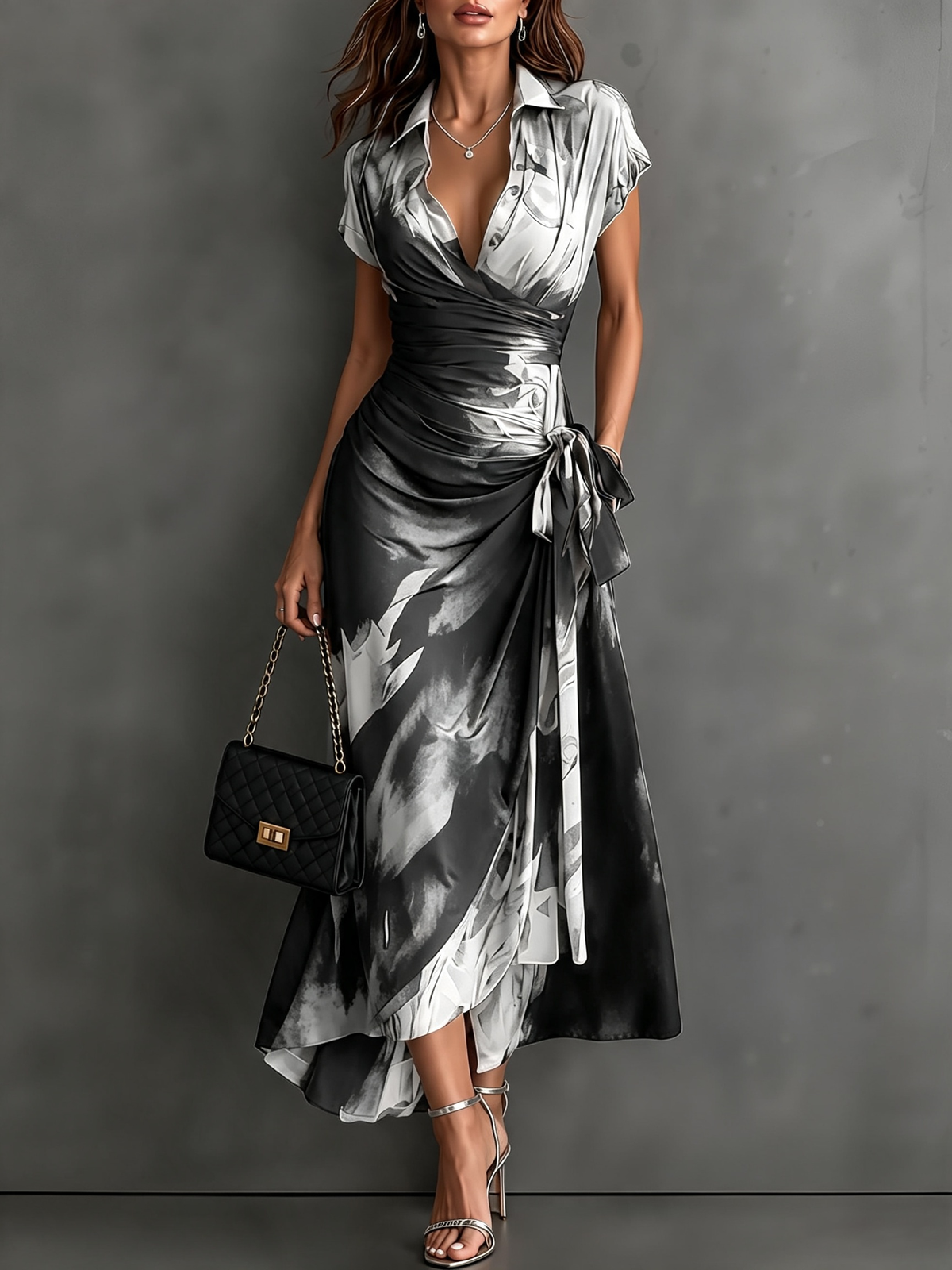 Midi-Wickelkleid mit abstraktem rot-schwarzem Print, V-Ausschnitt, kurzen Ärmeln, Bindegürtel und asymmetrischem Volantsaum