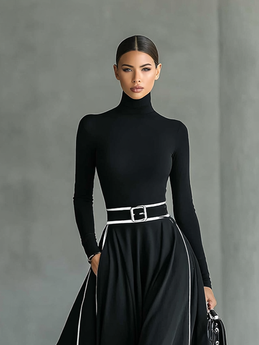 Colette | Schwarzes Damen-Maxikleid mit weißen Nähten, Stehkragen, langen Ärmeln und taillierter Passform