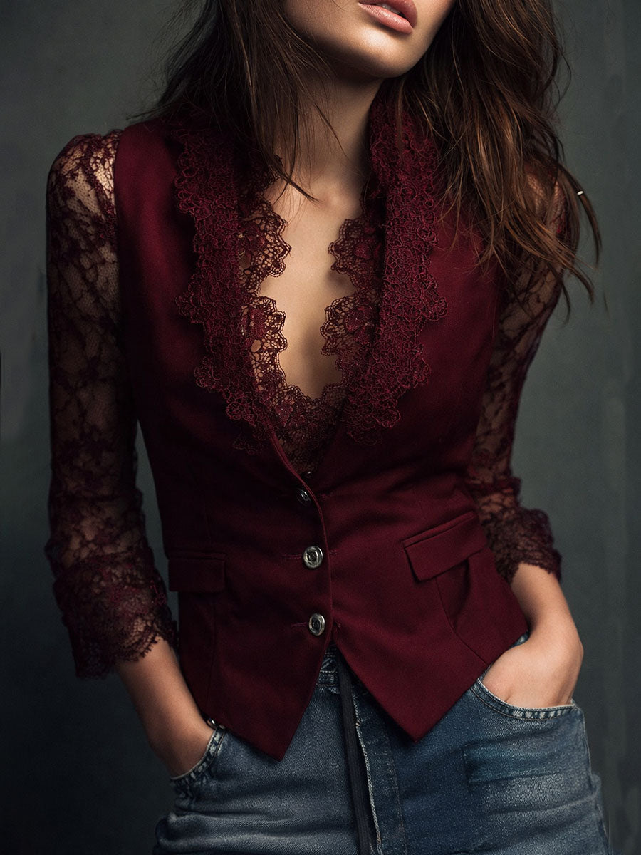 Noémie | Schwarzes Blazer-Oberteil mit halbtransparenten Ärmeln