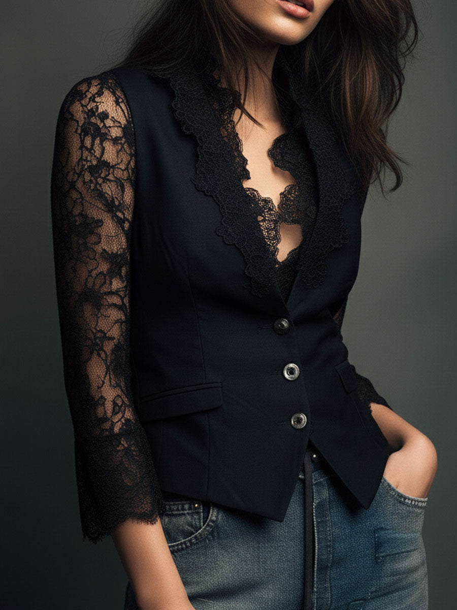 Noémie | Schwarzes Blazer-Oberteil mit halbtransparenten Ärmeln