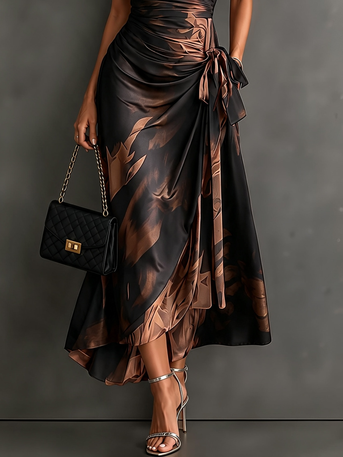 Midi-Wickelkleid mit abstraktem rot-schwarzem Print, V-Ausschnitt, kurzen Ärmeln, Bindegürtel und asymmetrischem Volantsaum