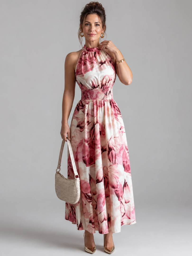 Olivia | Midikleid mit abstraktem Print und Rüschenband an der Taille