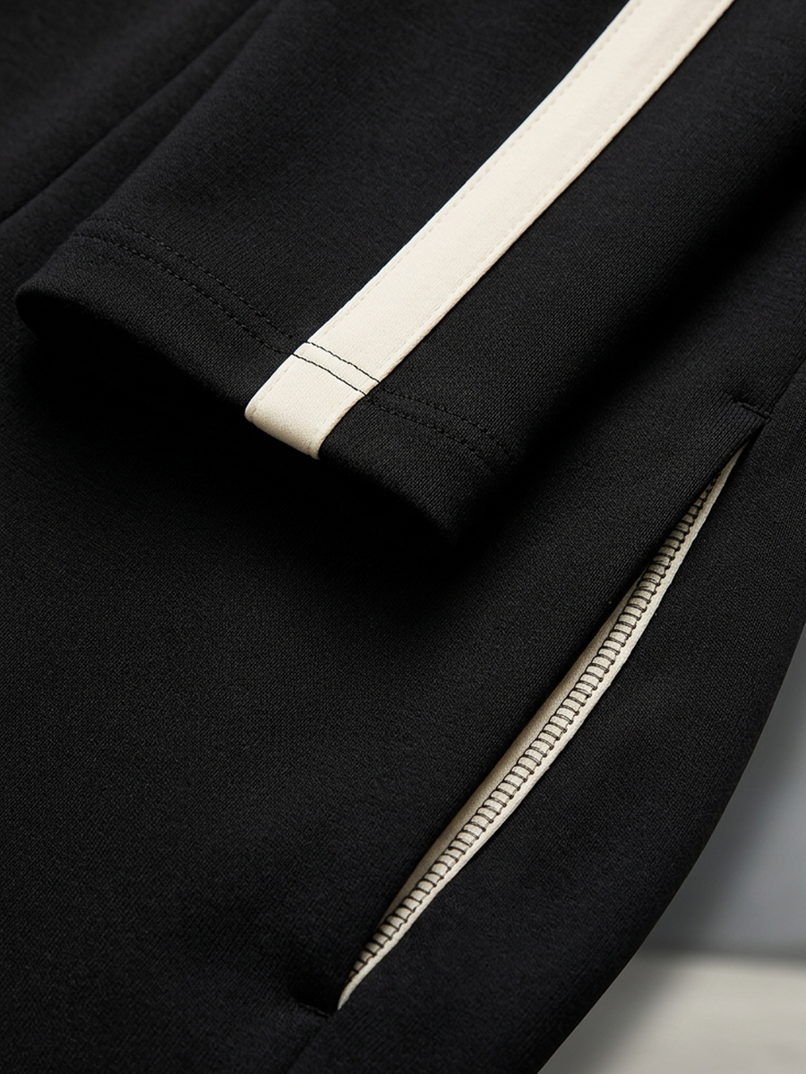 Monique | Schwarzes Jogging-Set mit Kontraststreifen, Half-Zip-Oberteil und weiter Kordelzughose