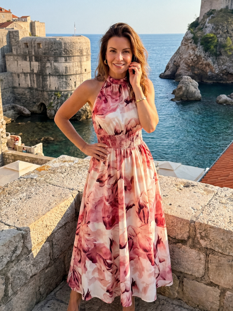 Olivia | Midikleid mit abstraktem Print und Rüschenband an der Taille