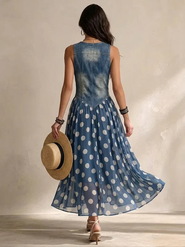 Brenda | Elegantes Denim-Kleid mit Chiffonrock mit Polka-Dot-Muster
