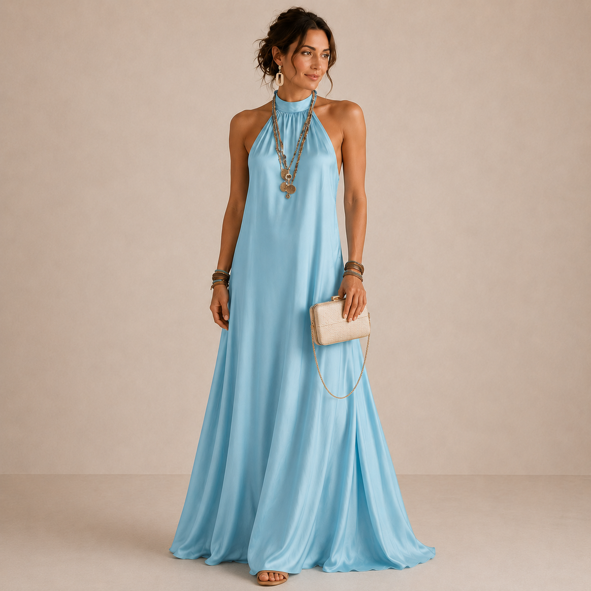 Magnolia | Blaues fließendes Neckholder-Maxikleid
