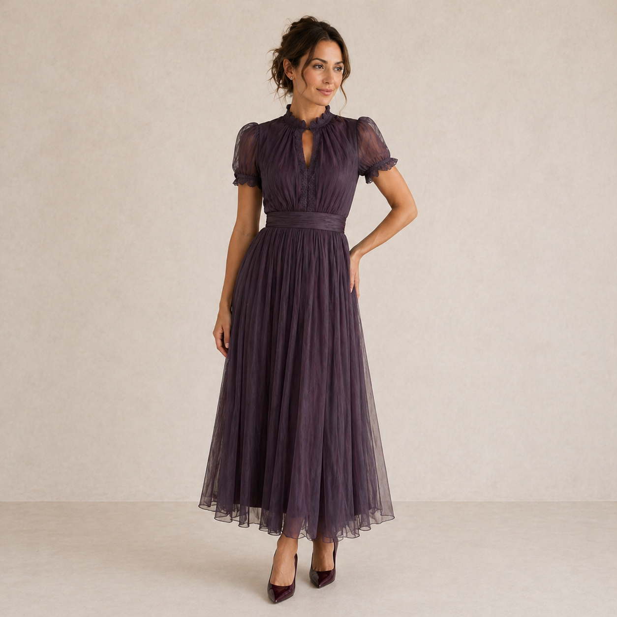 Calla | Plissiertes Midikleid mit Puffärmeln