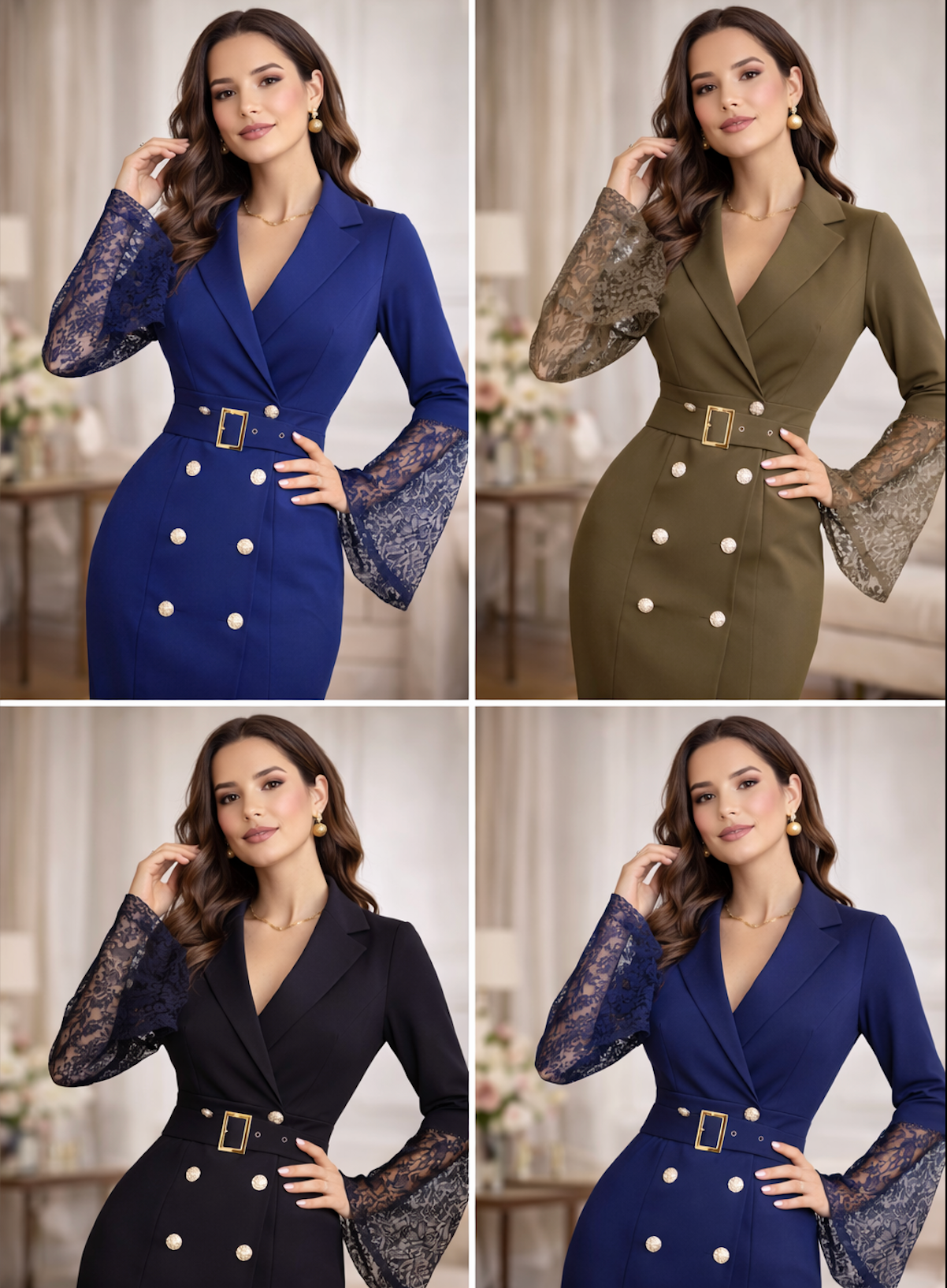 Kerensa | Midikleid mit Gürtel und Spitzenärmeln