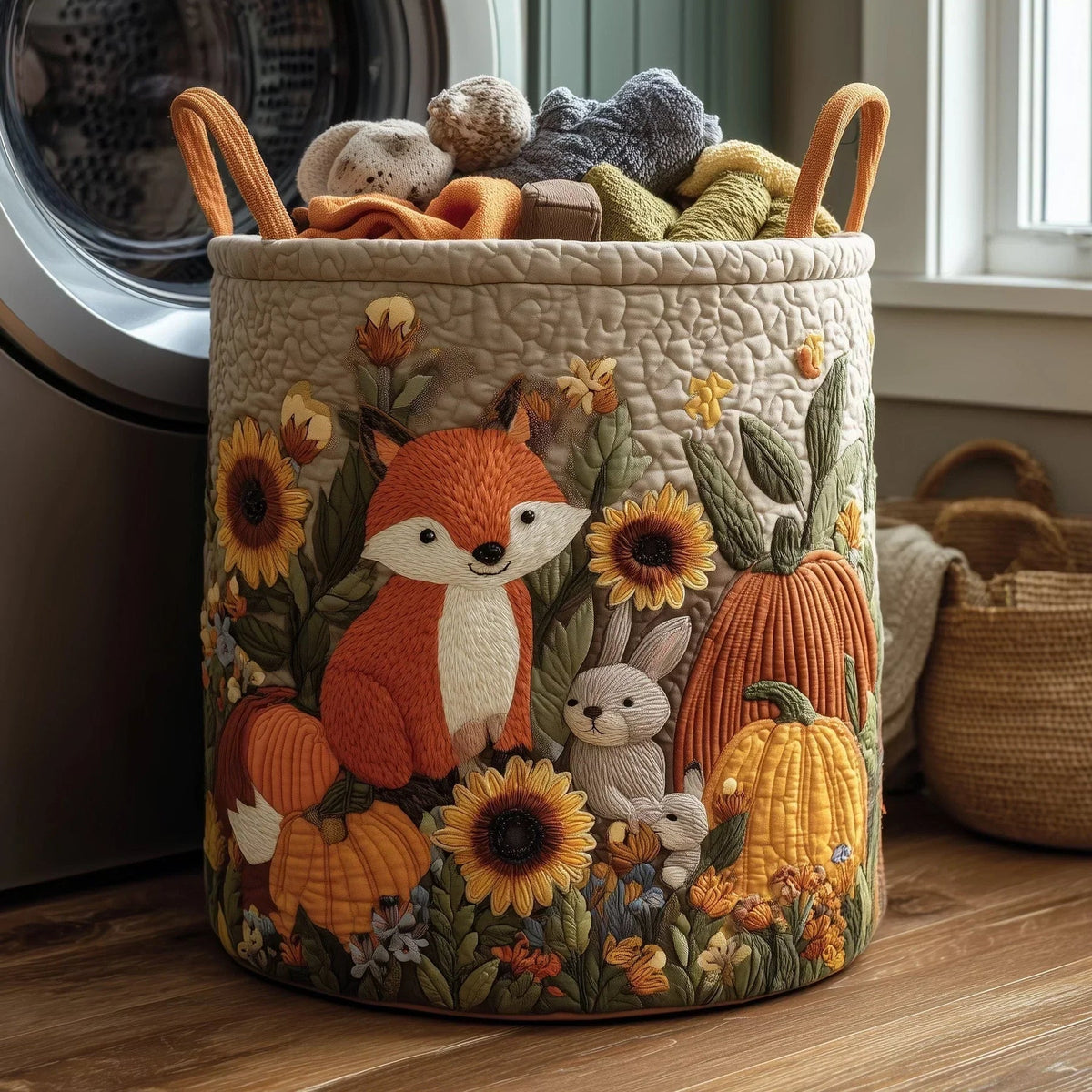 Gepolsterter Korb mit Fuchs, Kaninchen und Kürbissen
