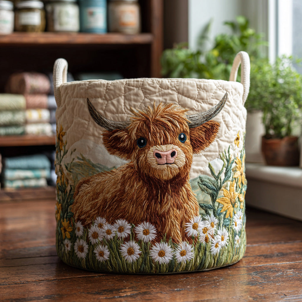 Gepolsterter Korb mit Highland-Rind zwischen Blumen