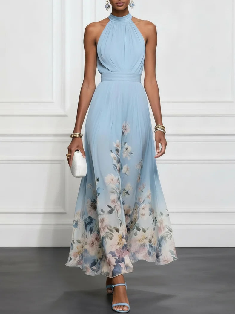 Rosalyn | Blau Blumen Chiffon Maxikleid