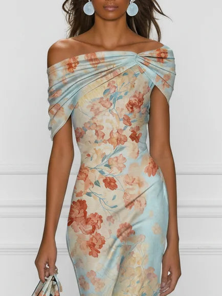 Vittoria - Ärmelloses Meerjungfrau-Midikleid mit Carmen-Ausschnitt und blauem Blumenmuster
